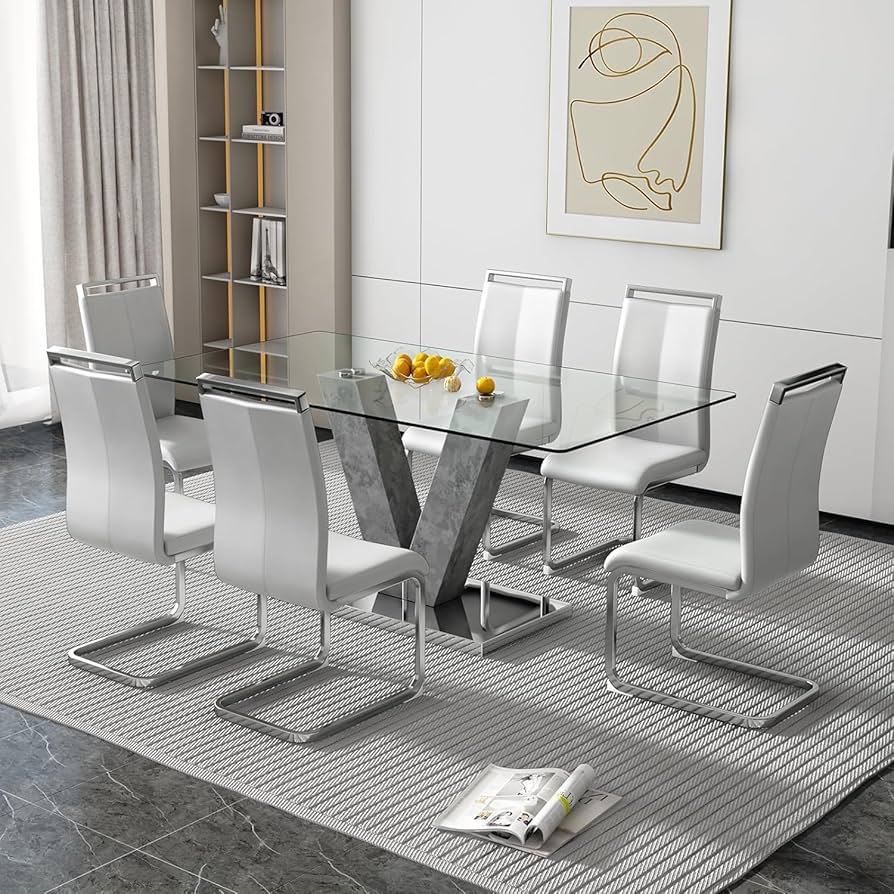 ホワイトレザー ガラステーブル Amazon.com - 71” Large Glass Dining Table Set for 6,7 Piece